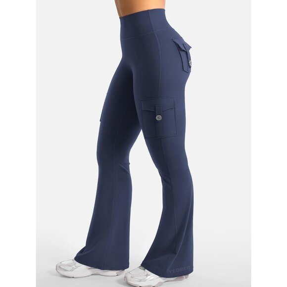 Women's Navy High Waisted Workout Flare Leggings 32 inch Seam with Pockets - Picture 5 of 6